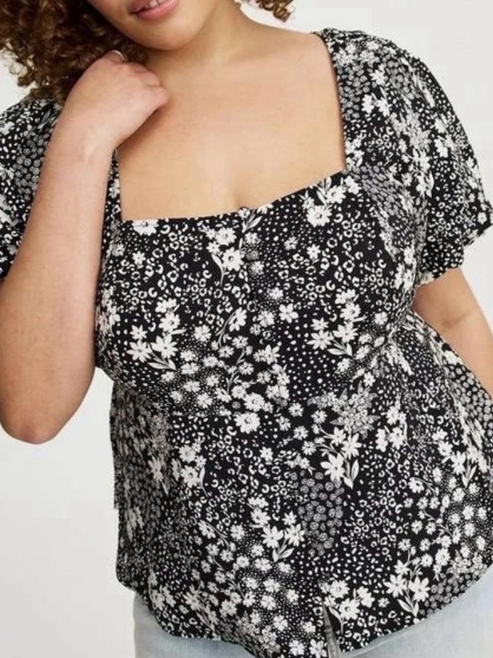 Torrid Floral Square-Neck Puff Sleeve Peasant Top Black White Plus Size 2X Boho